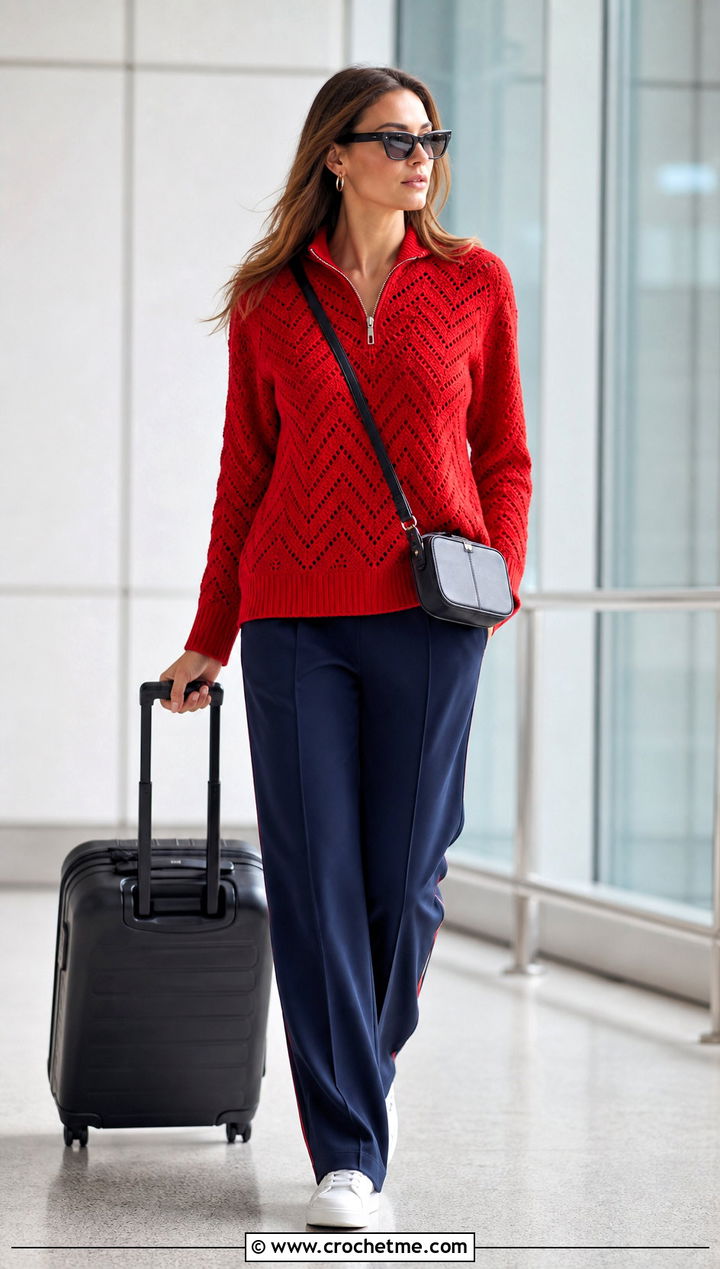 Zip Collar Chevron Crochet Sweater With Track Pants - 20 Chevron Crochet Sweater outfit ideas