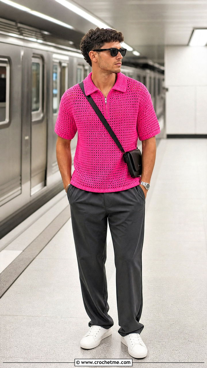 Zip Collar Crochet Polo Shirt With Track Pants - 35 crochet shirt men outfit ideas