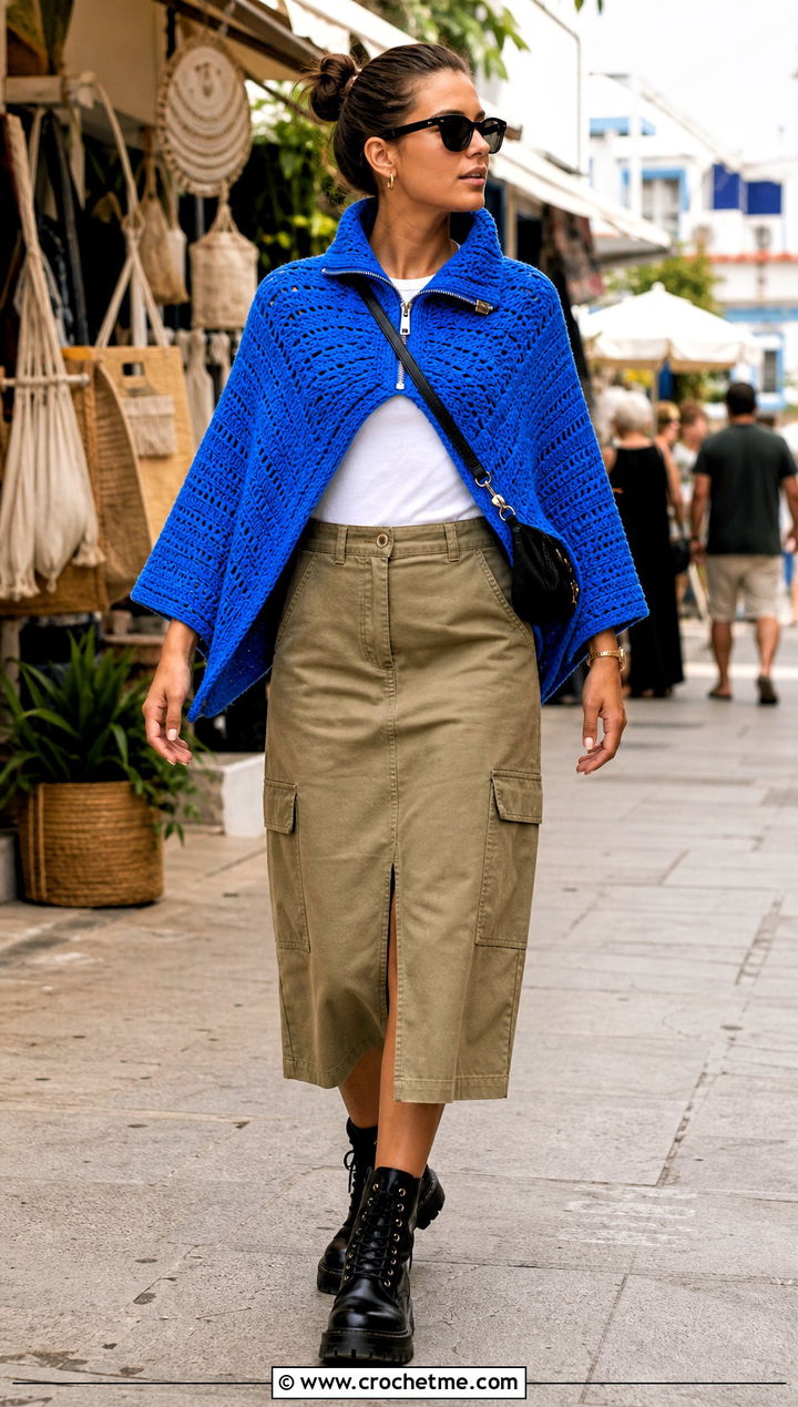 Zip Collar Crochet Poncho With Utility Skirt - 25 Crochet Poncho With Collar outfit ideas