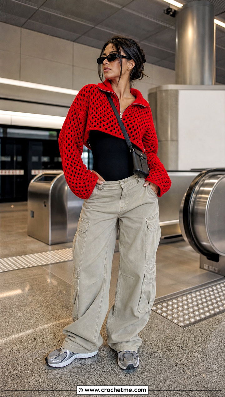 Zip Collar Crochet Sweater With Cargo Pants - 20 Crochet Collared Sweater outfit ideas