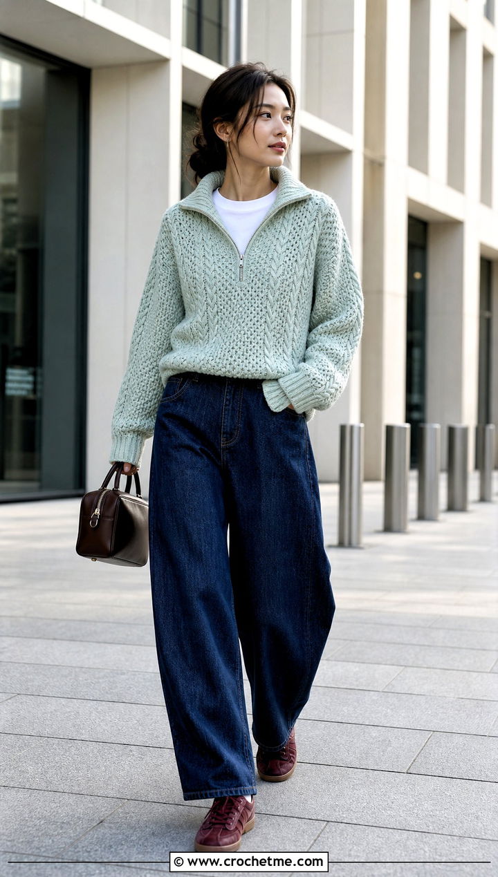 Zip Collar Fisherman Crochet Sweater With Barrel Jeans - 25 Fisherman Crochet Sweater outfit ideas