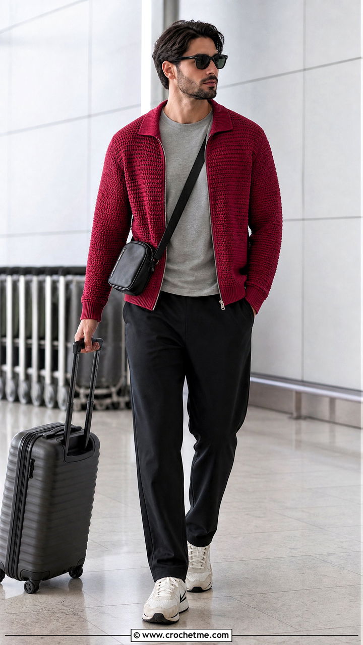 Zip Crochet Cardigan With Track Pants - 35 crochet clothes for men outfit ideas