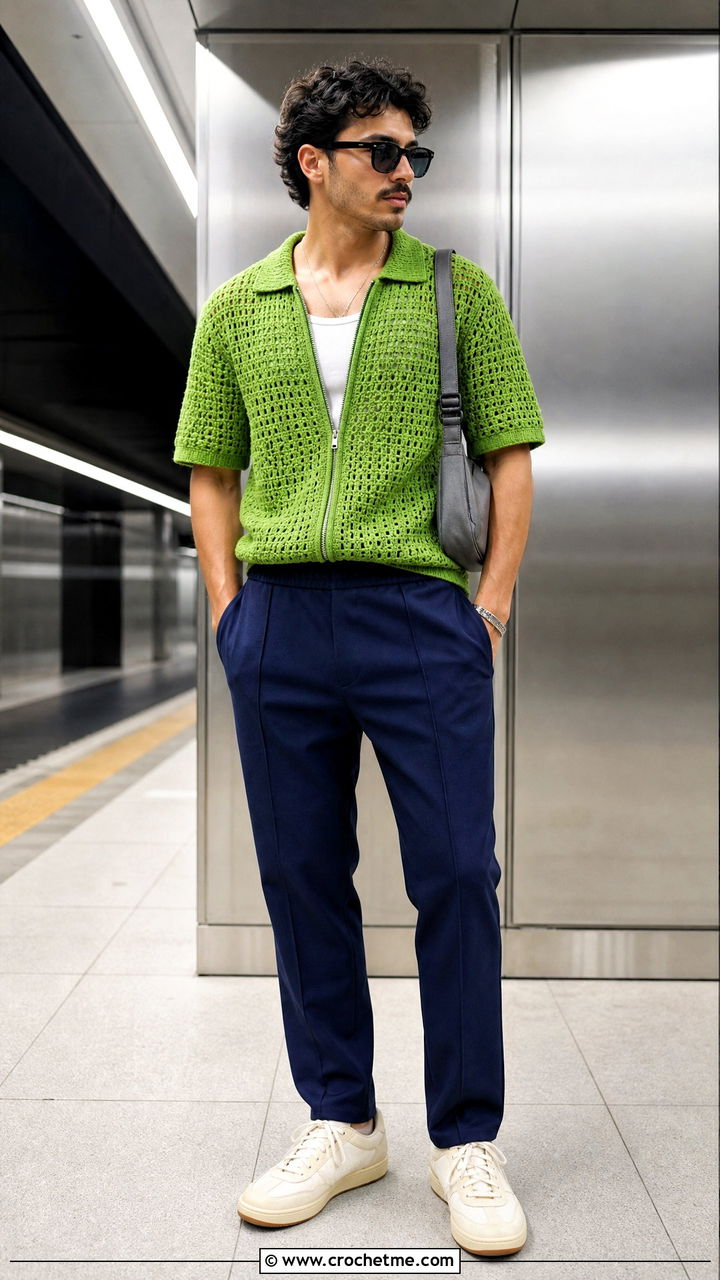Zip Crochet Polo With Track Pants - 35 crochet top for men outfit ideas