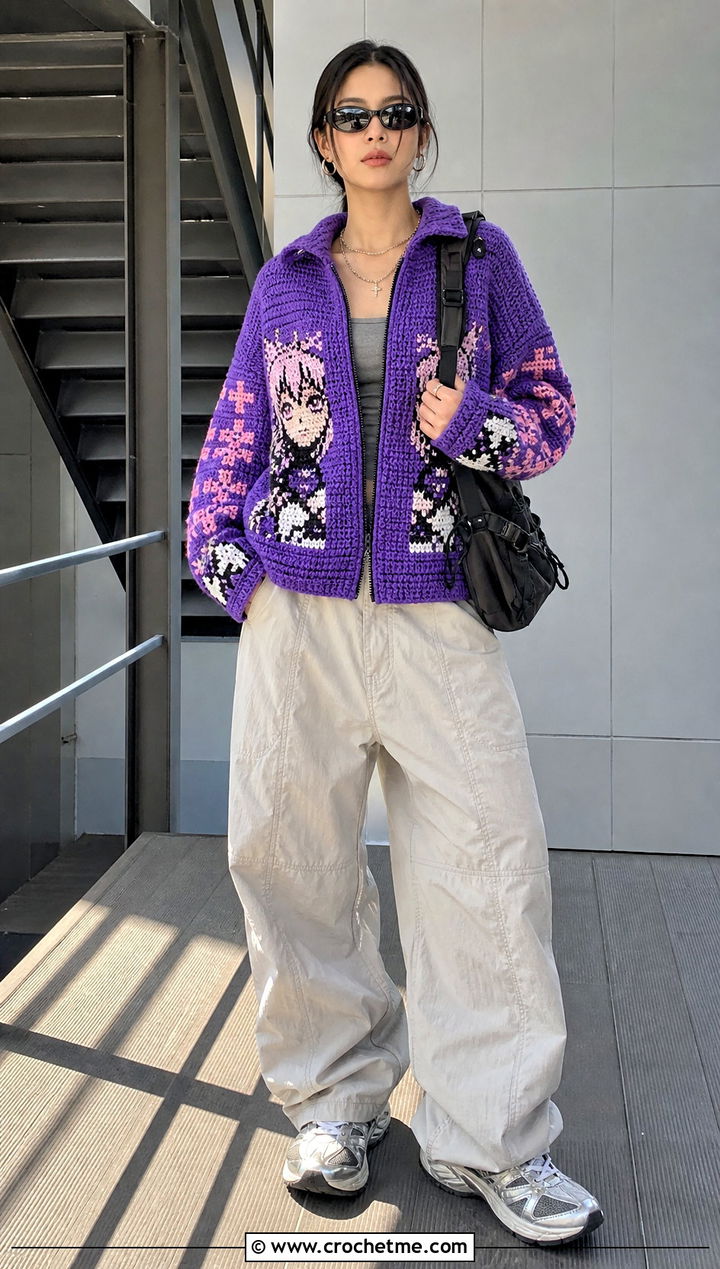 Zip Front Anime Crochet Cardigan With Parachute Pants - 30 anime crochet cardigan outfit ideas