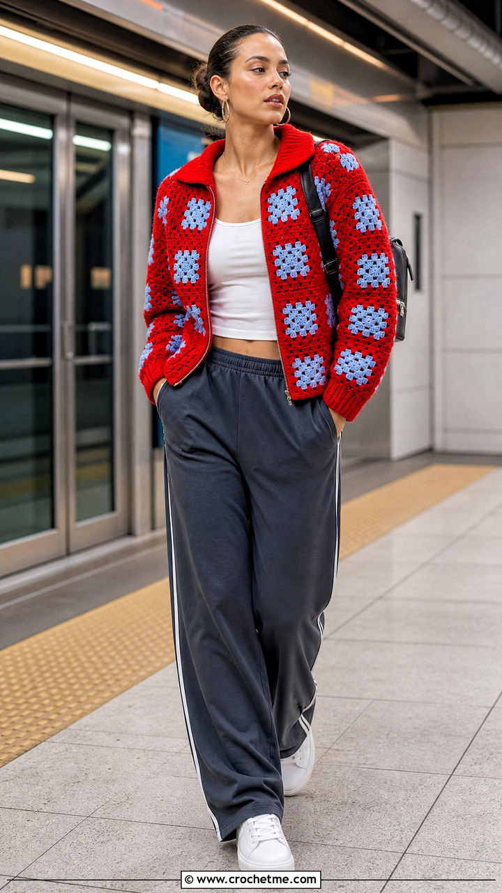 Zip Front Big Granny Square Cardigan With Track Pants - 35 Big Granny Square Cardigan outfit ideas