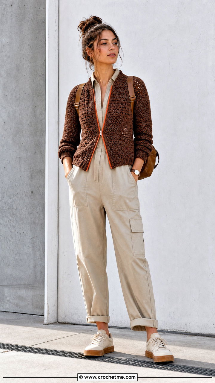 Zip Front Brown Crochet Cardigan With Utility Jumpsuit - 35 Brown Crochet Cardigan outfit ideas
