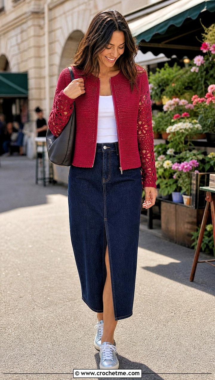 Zip Front Cardigan With Floral Lace Sleeves And Denim Skirt - 15 crochet cardigan with lace sleeves outfit ideas