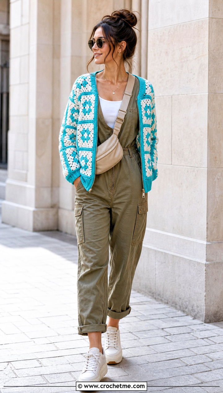 Zip Front Checkered Granny Square Cardigan With Utility Jumpsuit - 25 checkered granny square cardigan outfit ideas