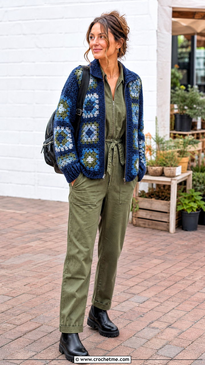 Zip Front Chunky Granny Square Cardigan With Utility Jumpsuit - 35 Chunky Granny Square Cardigan outfit ideas