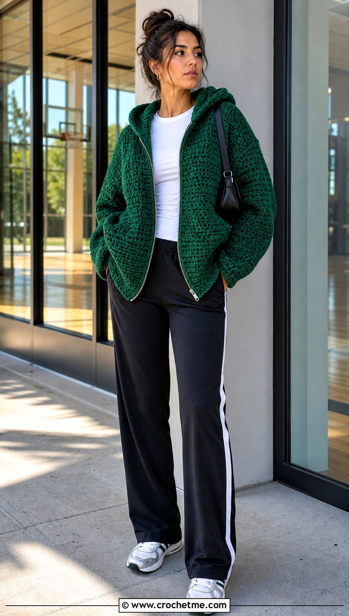 Zip Front Crochet Blanket Hoodie With Track Pants - 30 crochet blanket hoodie outfit ideas