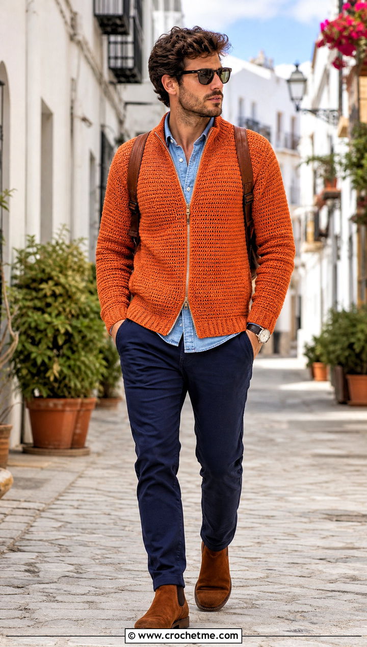 Zip Front Crochet Cardigan Sweater With Denim Shirt - 35 men's crochet sweater ideas