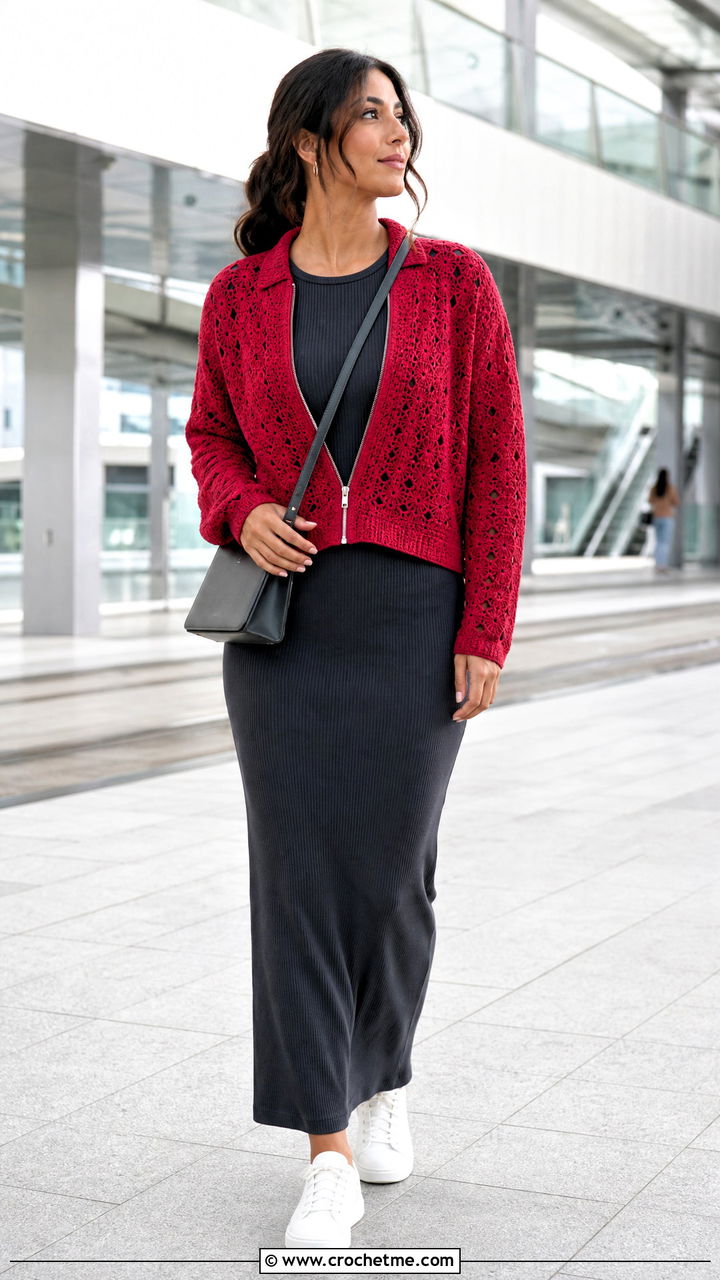 Zip Front Crochet Cardigan With Column Dress - 35 simple crochet cardigan outfit ideas