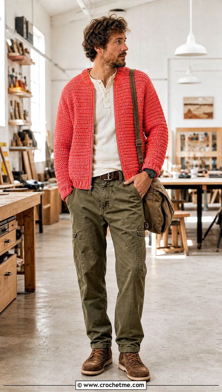 Zip Front Crochet Cardigan With Henley and Carpenter Pants - 20 men's crochet cardigan outfit ideas