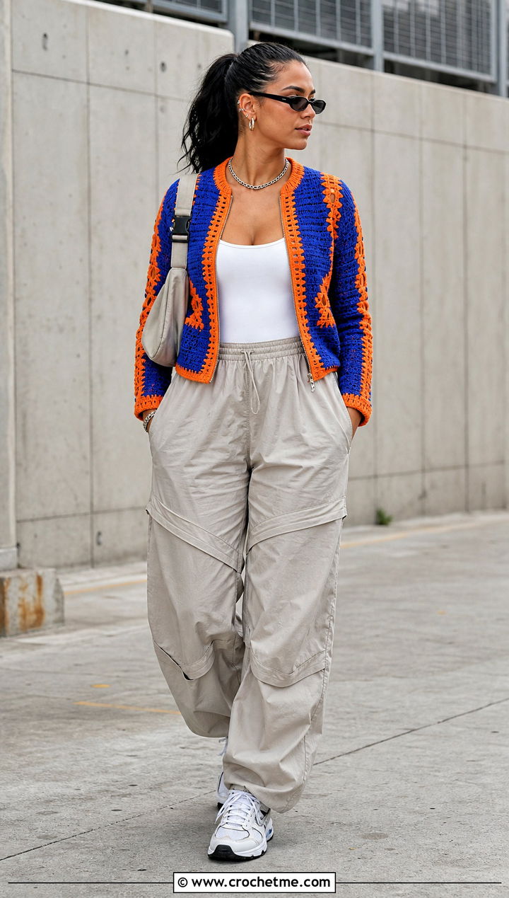 Zip Front Crochet Cardigan With Parachute Pants - 30 two color crochet cardigan outfit ideas