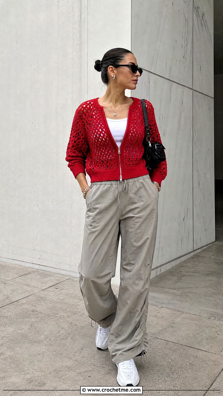 Zip Front Crochet Cardigan With Parachute Pants - 35 cute crochet cardigan outfit ideas