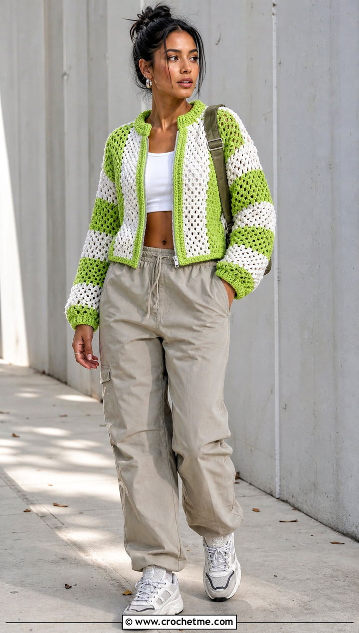 Zip Front Crochet Cardigan With Parachute Pants - 25 green and white crochet cardigan outfit ideas