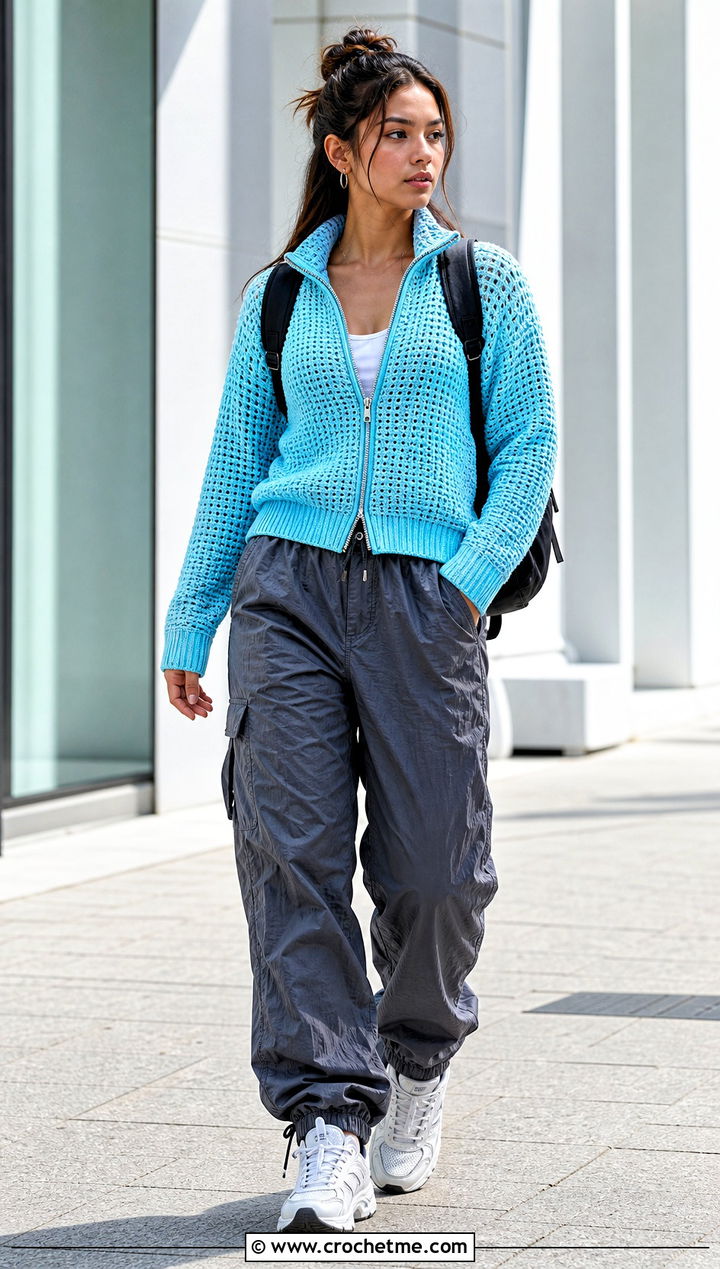 Zip Front Crochet Cardigan With Parachute Pants - 25 unique crochet cardigan outfit ideas