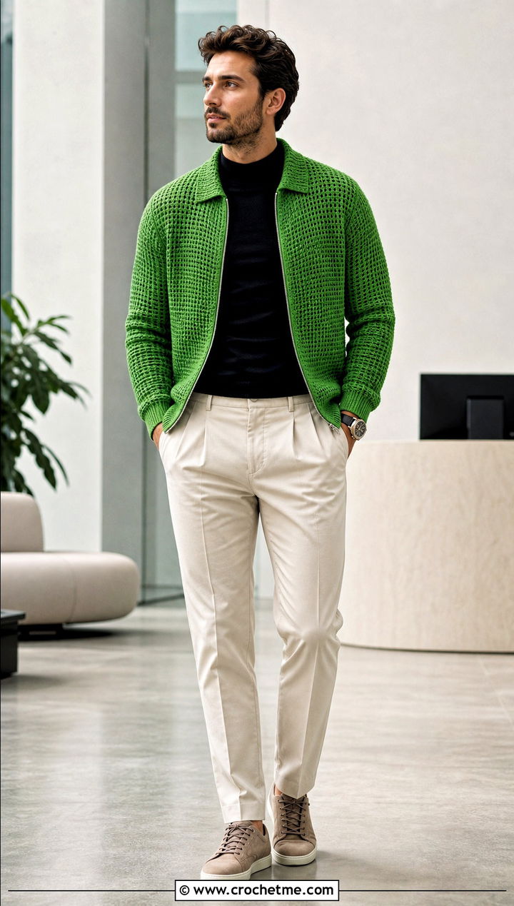 Zip Front Crochet Cardigan With Pleated Chinos - 30 crochet man cardigan outfit ideas