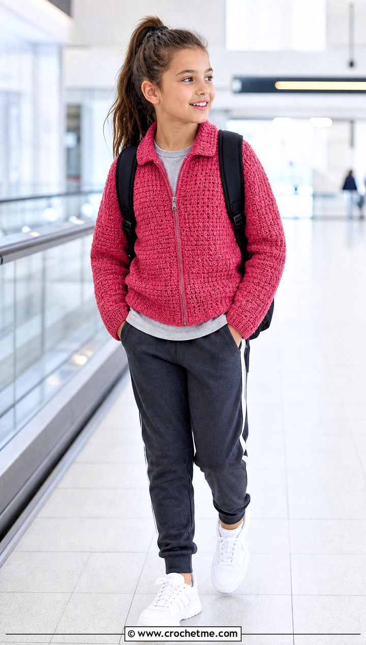 Zip Front Crochet Cardigan With Track Pants - 25 Childs Crochet Cardigan outfit ideas