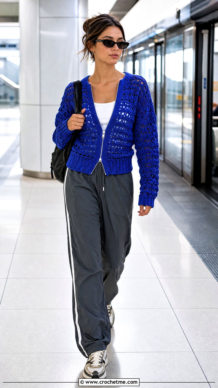 Zip Front Crochet Cardigan With Track Pants - 35 crochet cardigan for women outfit ideas