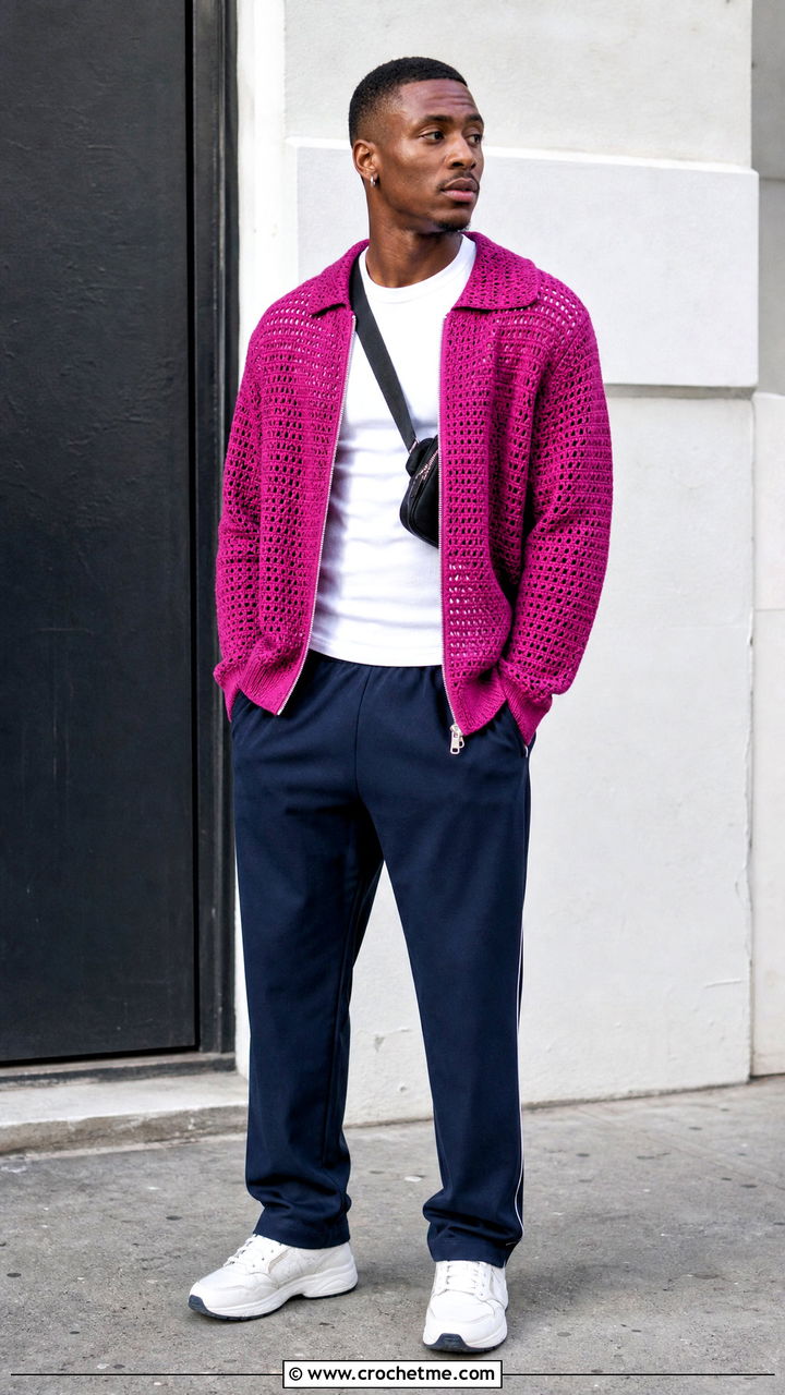 Zip Front Crochet Cardigan With Track Pants - 35 crochet cardigan men outfit ideas