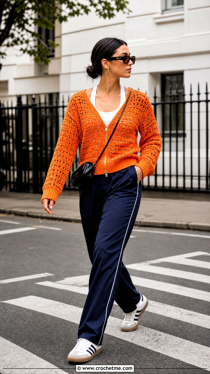 Zip Front Crochet Cardigan With Track Pants - 35 crocheted cardigan outfit ideas