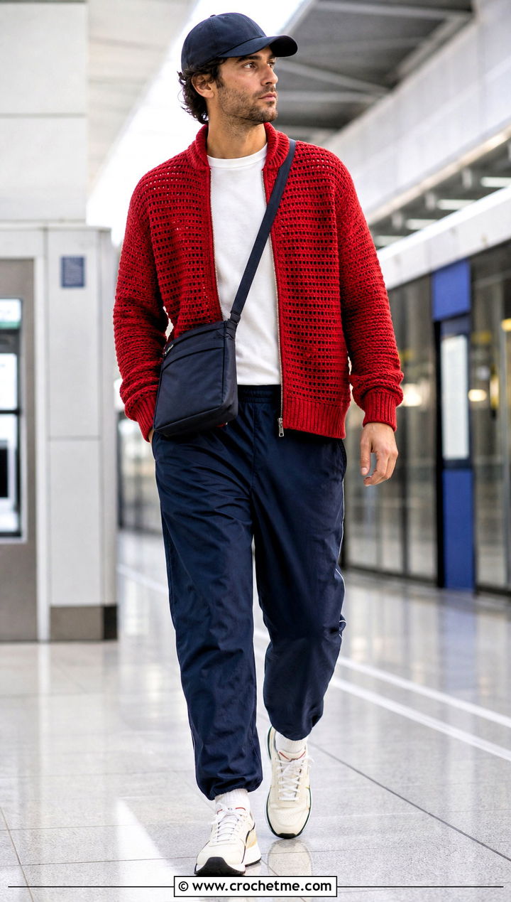 Zip Front Crochet Cardigan With Track Pants - 35 mens crochet cardigan outfit ideas
