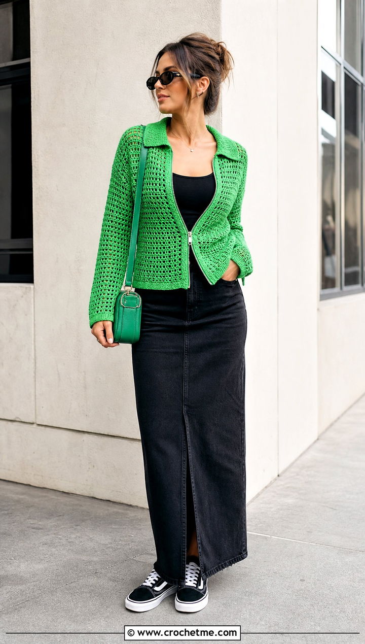 Zip Front Crochet Cardigan With a Maxi Skirt - 30 cute crochet cardigans outfit ideas