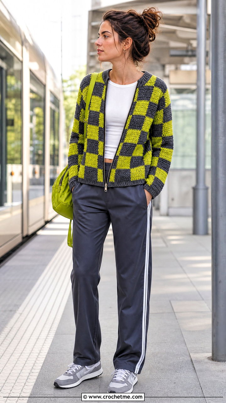 Zip Front Crochet Checkered Cardigan With Track Pants - 35 crochet checkered cardigan outfit ideas
