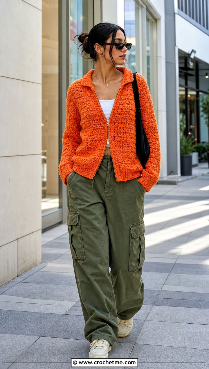 Zip Front Crochet Chenille Cardigan With Cargo Pants - 30 crochet chenille cardigan outfit ideas