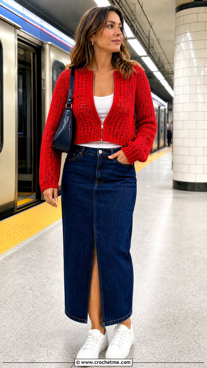 Zip Front Crochet Cropped Sweater With Column Skirt - 35 crochet cropped sweater outfit ideas