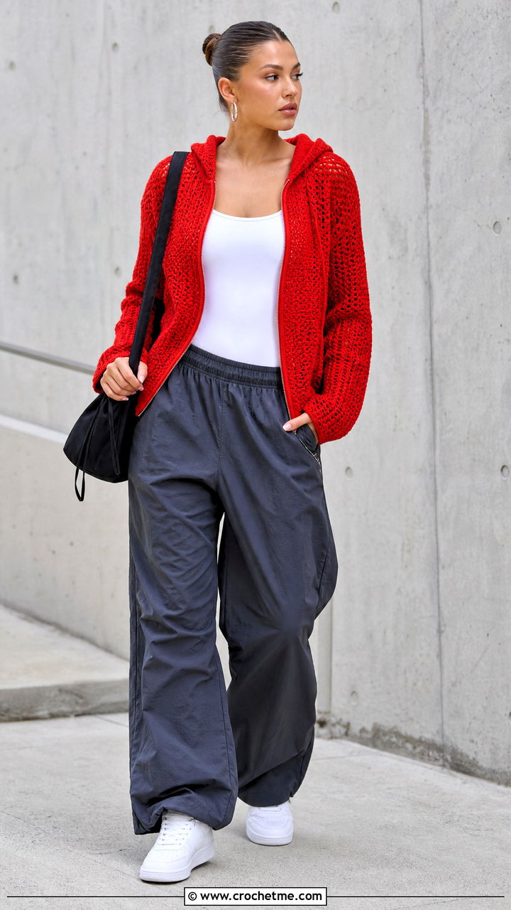 Zip Front Crochet Hooded Cardigan With Parachute Pants - 35 crochet hooded cardigan outfit ideas