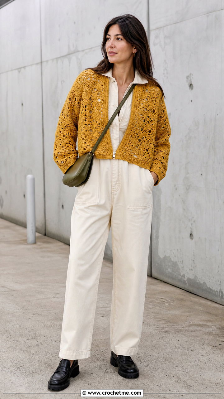 Zip Front Crochet Lace Sweater With Utility Jumpsuit - 35 crochet lace sweater outfit ideas