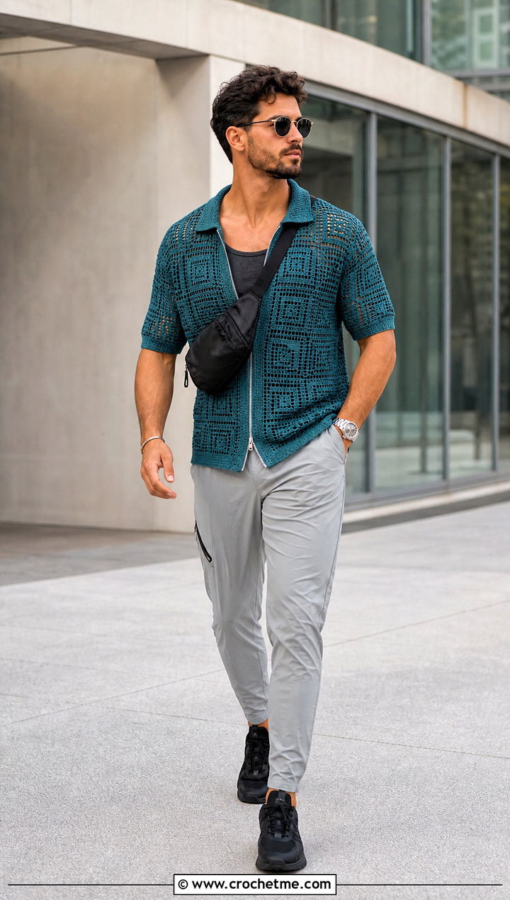 Zip Front Crochet Mesh Shirt With Technical Pants - 25 Men Crochet Mesh Shirt outfit ideas