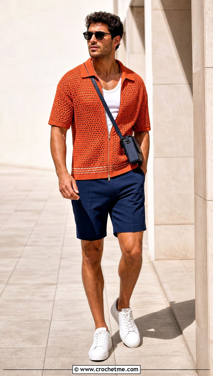 Zip Front Crochet Shirt With Tailored Shorts - 35 crochet man shirt outfit ideas