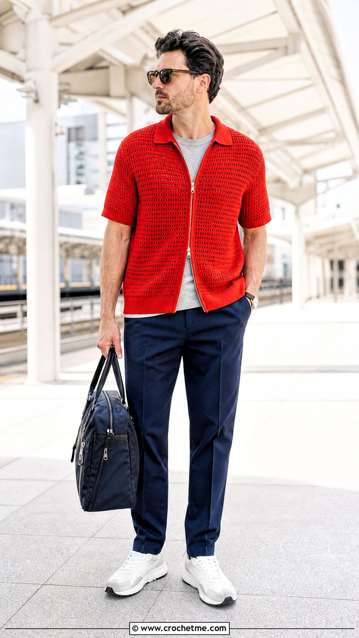 Zip Front Crochet Shirt With Track Trousers - 35 mens crochet shirt outfit ideas