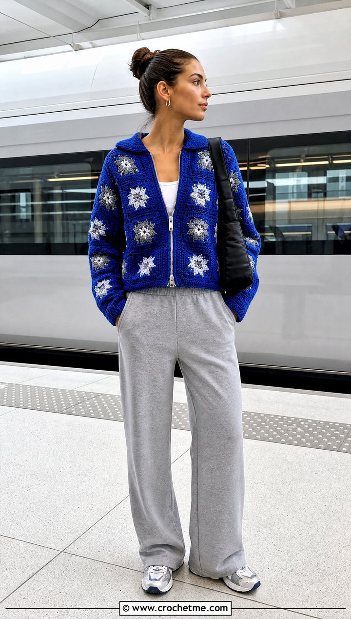 Zip Front Crochet Star Granny Square Cardigan With Track Pants - 25 Crochet Star Granny Square Cardigan outfit ideas