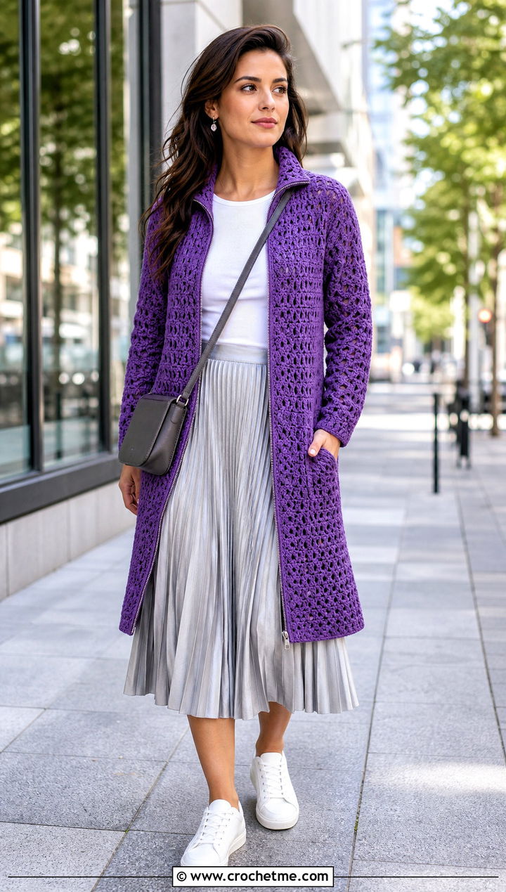 Zip Front Crochet Sweater Coat With A Pleated Skirt And Sneakers - 20 Crochet Sweater Coat outfit ideas