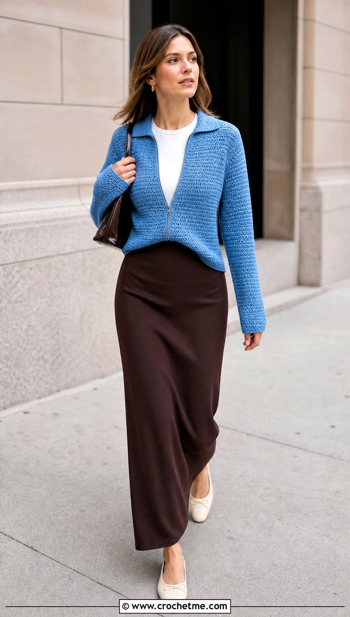 Zip Front Crochet Sweater With A Column Skirt - 20 Open Weave Crochet Sweater outfit ideas