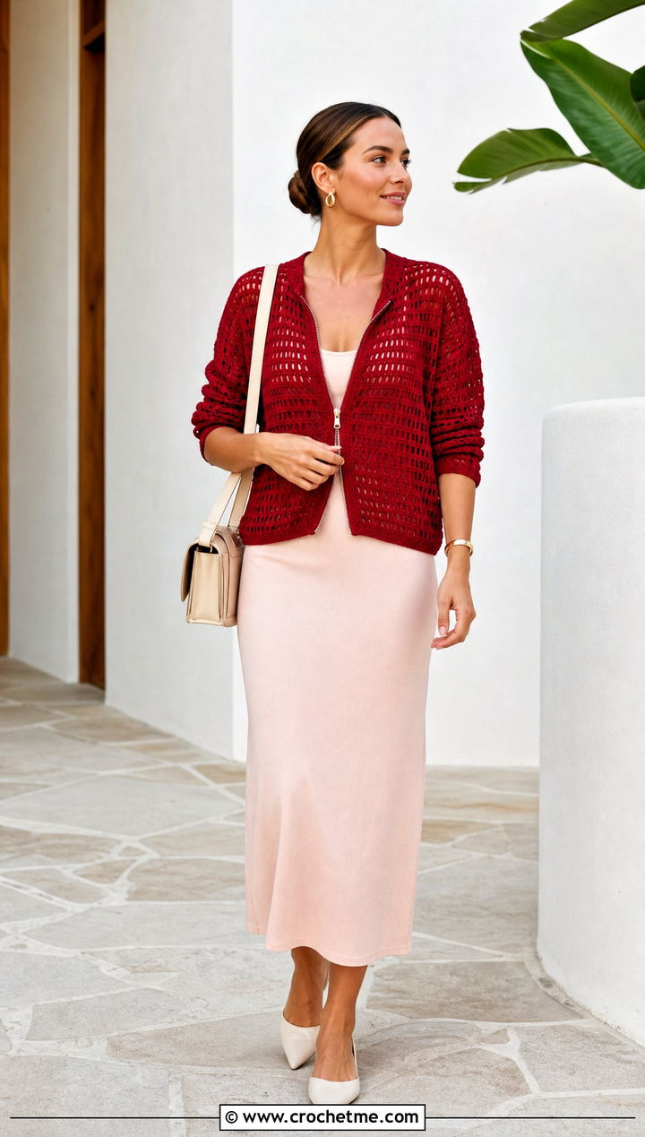 Zip Front Crochet Sweater With Column Dress - 25 summer crochet sweaters outfit ideas