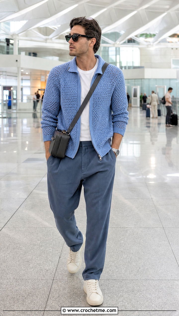 Zip Front Crochet Sweater With Matching Trousers - 25 man crochet sweater outfit ideas