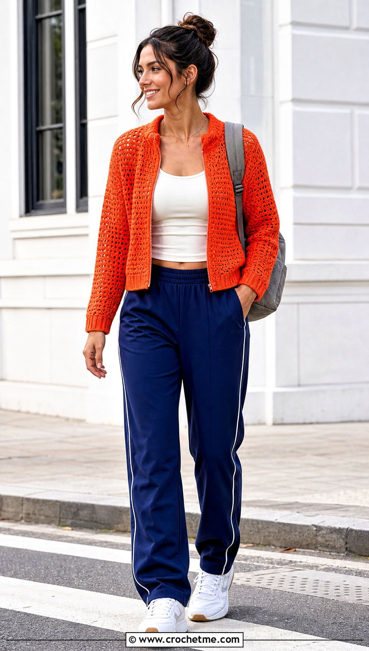 Zip Front Crochet Sweater With Track Pants - 25 Crochet For Sweaters For Women outfit ideas