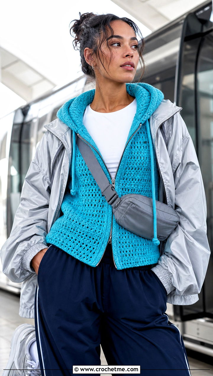 Zip Front Crochet Turtle Neck Hoodie With Track Pants - 30 crochet turtle neck hoodie outfit ideas