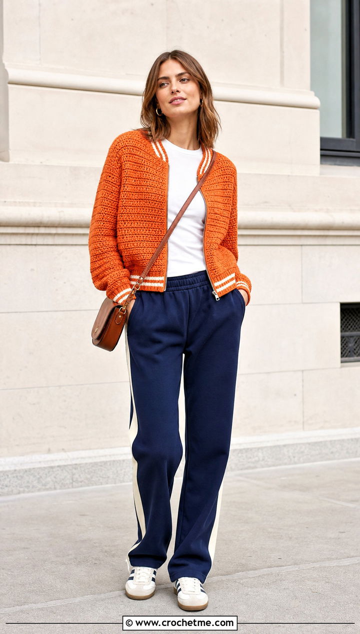 Zip Front Crochet Varsity Jacket With Track Pants - 35 crochet varsity jacket outfit ideas