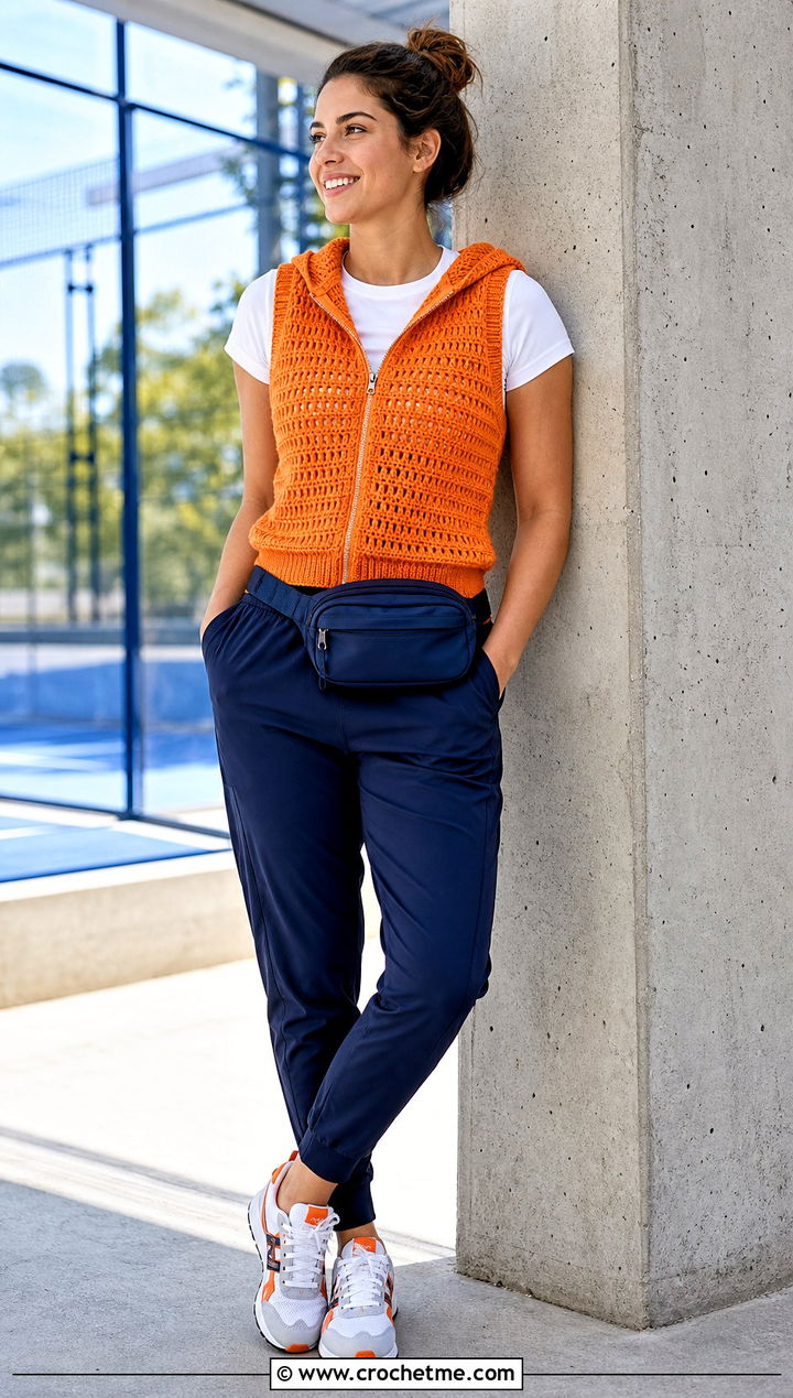 Zip Front Crochet Vest With Hood And Track Pants - 30 crochet vest with hood outfit ideas