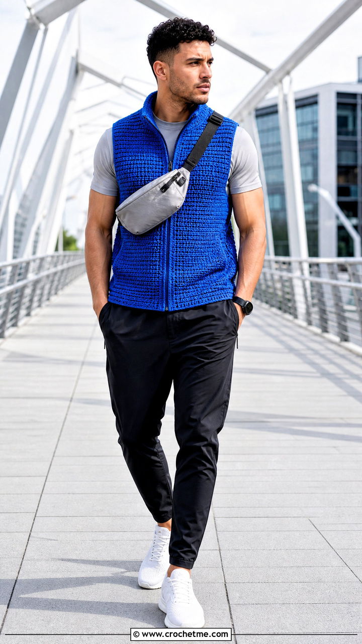 Zip Front Crochet Vest With Technical Pants And Trainers - 35 crochet vest for men outfit ideas