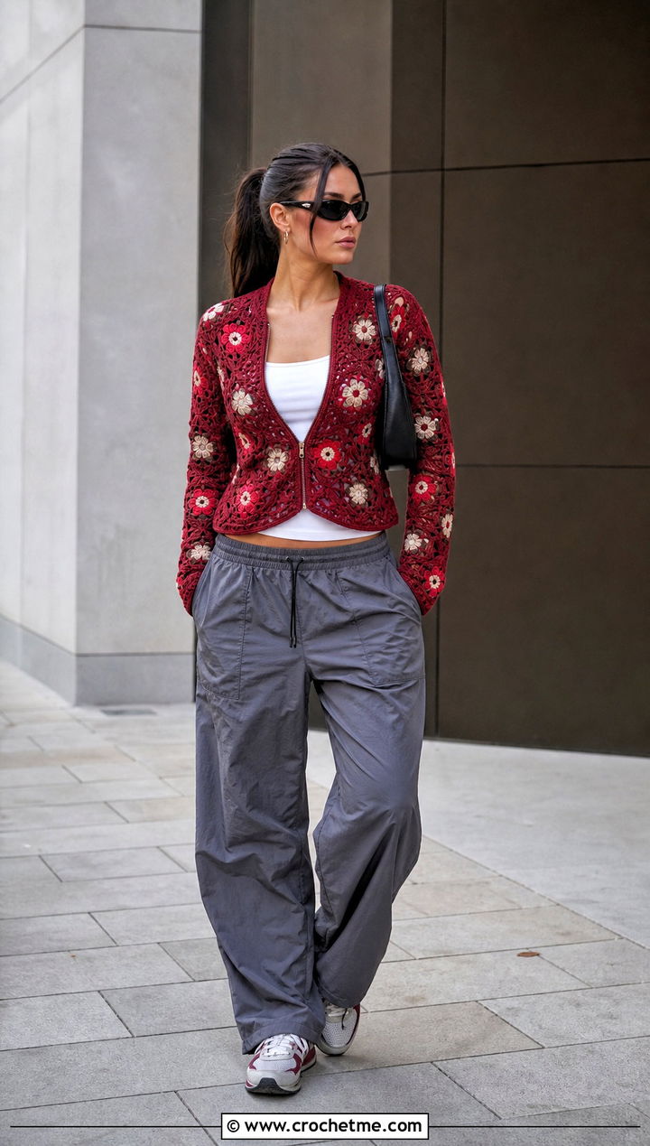 Zip Front Flower Crochet Cardigan With Parachute Pants - 25 Flower Crochet Cardigan outfit ideas