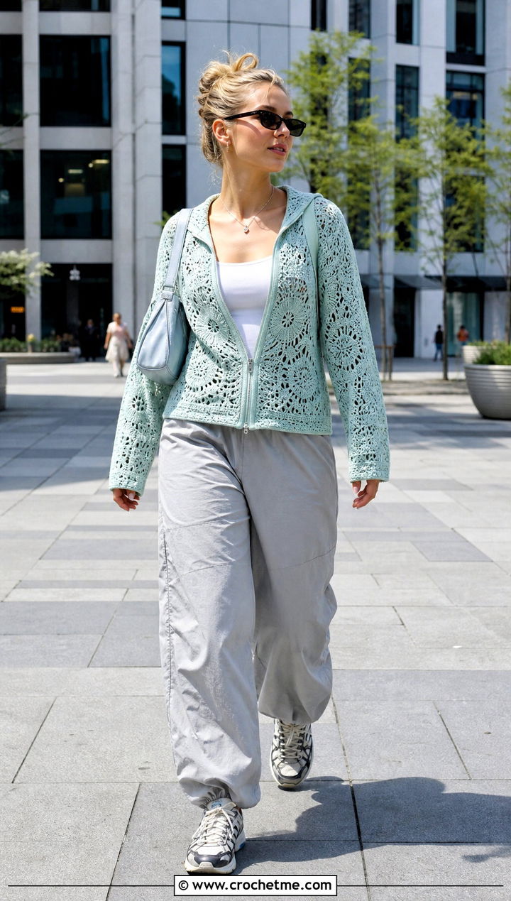 Zip Front Folklore Crochet Cardigan With Parachute Pants - 30 folklore crochet cardigan outfit ideas