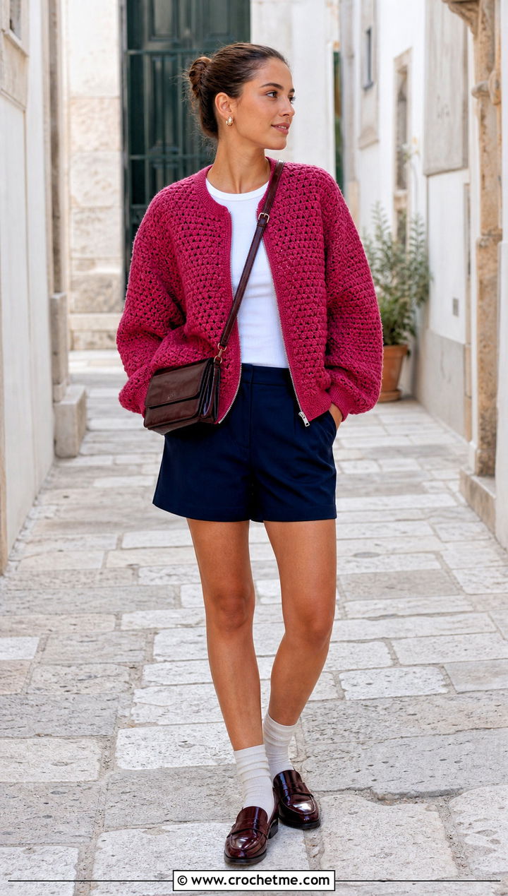 Zip Front Grandpa Crochet Cardigan With Tailored Shorts - 20 grandpa crochet cardigan outfit ideas