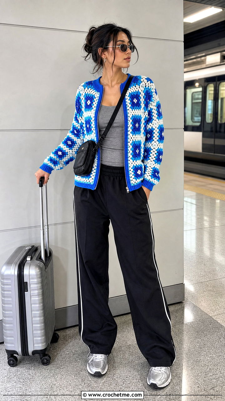 Zip Front Granny Square Cardigan With Track Pants - 35 crochet granny square cardigan outfit ideas